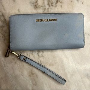 Michael Kors Jet Set Travel Saffiano Continental Wallet Pale Blue and Gold